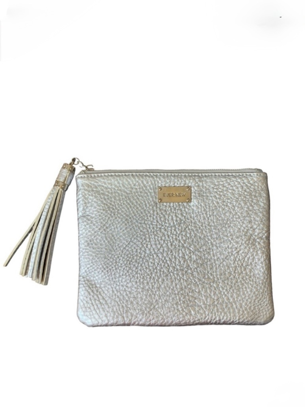 Ever New Metallic Silver Wristlet Clutch Zipper Tassel